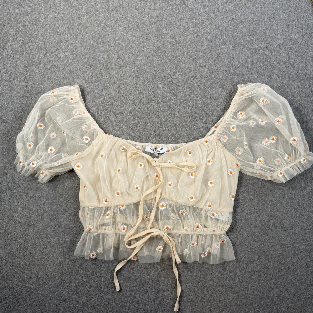 Lavish Tuscaloosa Daisy Embroidered Mesh Crop Top Size Medium Cream Puff Sleeve